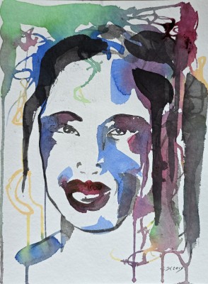 Abstrahiertes Aquarellportrait einer Frau in kontrastreichen Farben